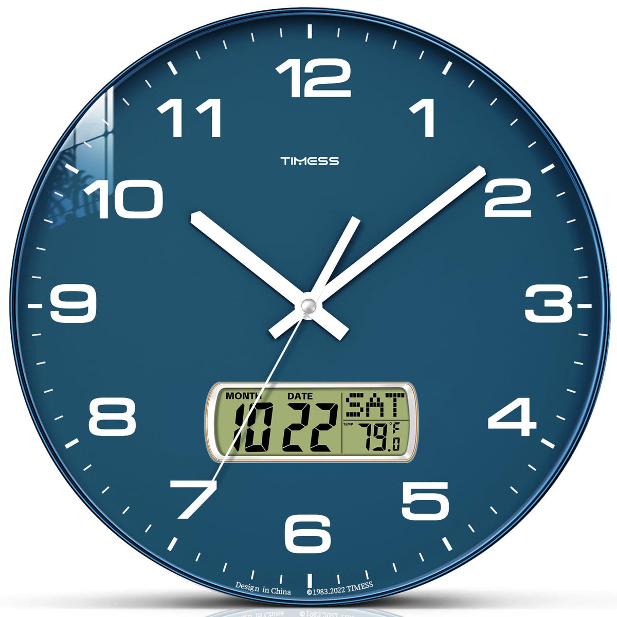 TIMESS wall clock with 12-inch dial and LCD display for easy time reading.