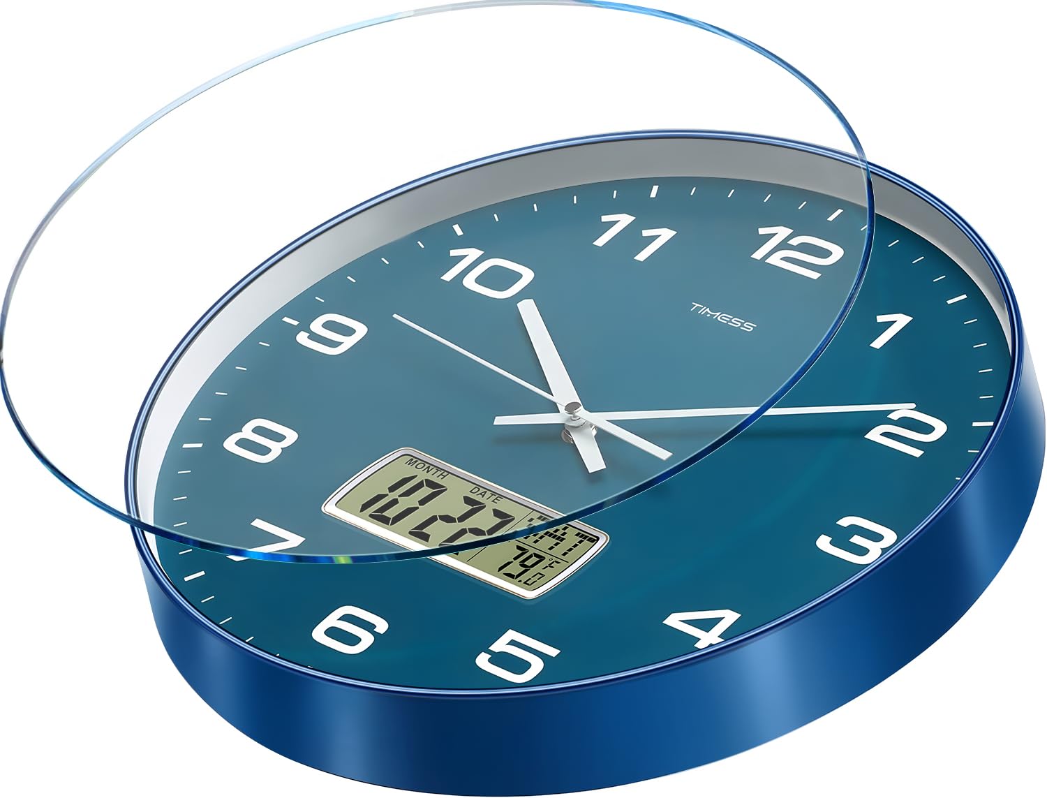 TIMESS wall clock shows perpetual calendar and Fahrenheit readout on LCD.