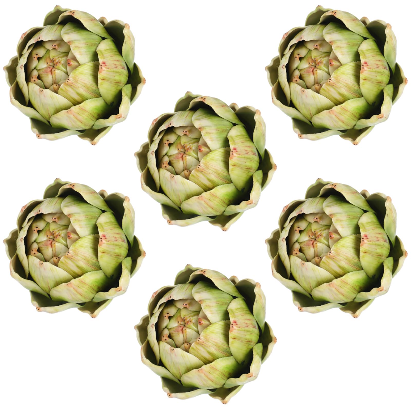 Timgle 6pc green artificial artichokes for large decorative displays.