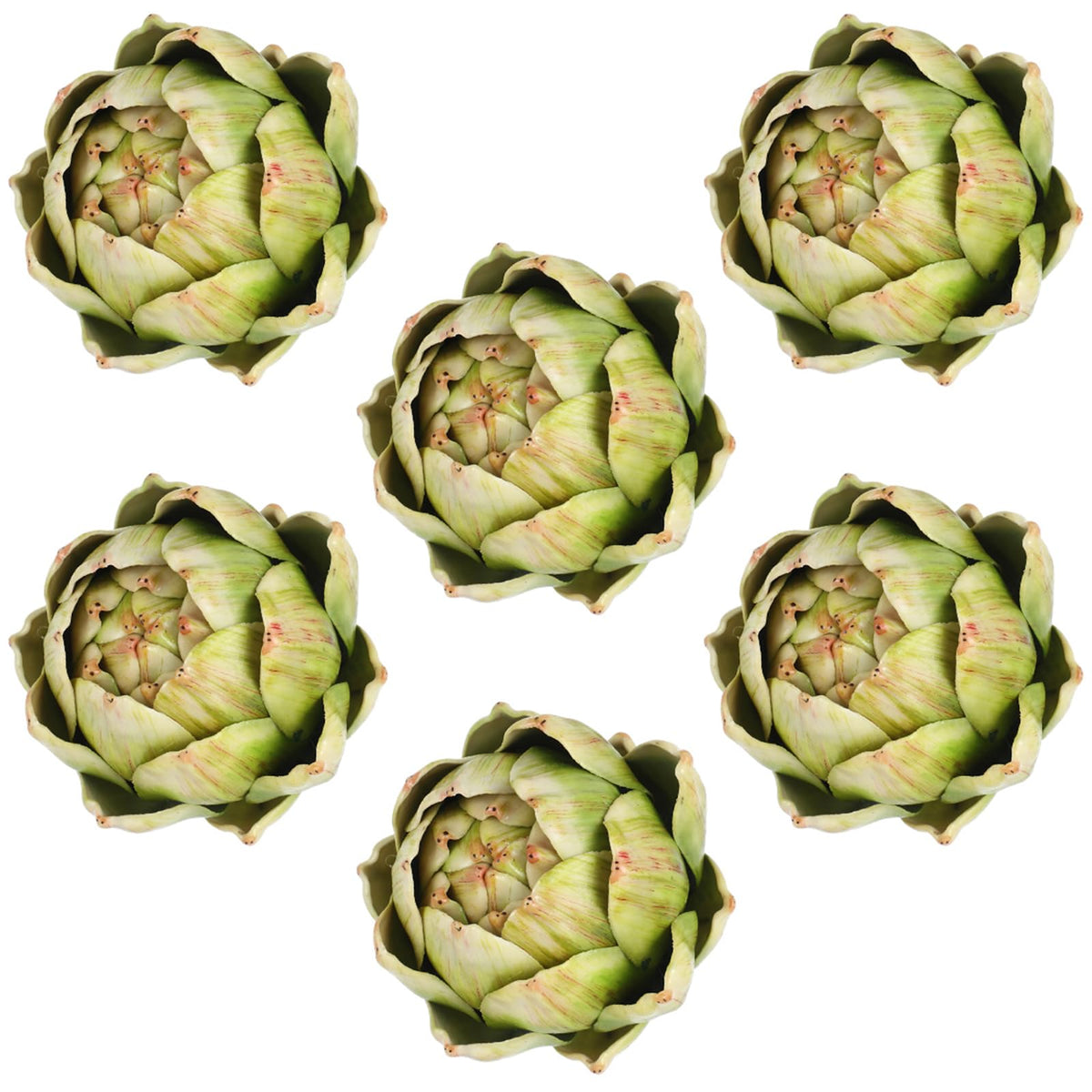 Timgle 6pc green artificial artichokes for large decorative displays.