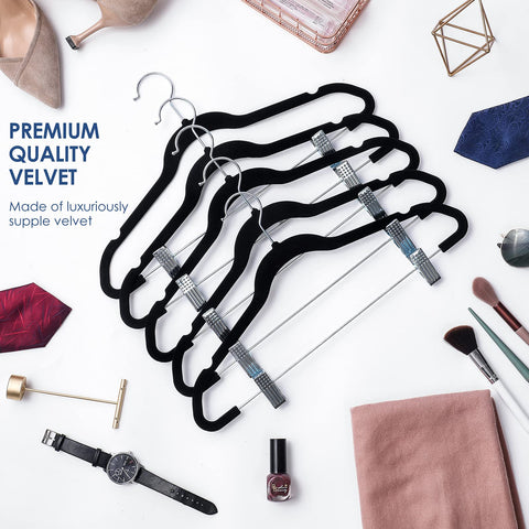 TIMMY velvet hanger with natural shoulder shape preserves garment silhouette.