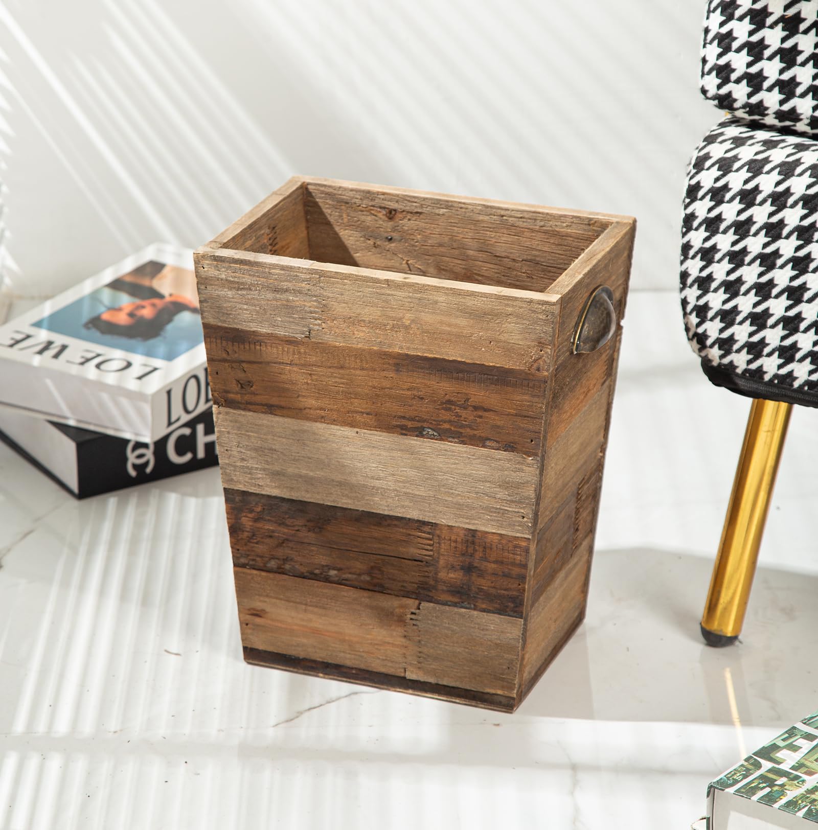 TIMRIS rustic waste bin in reclaimed wood enhances farmhouse decor