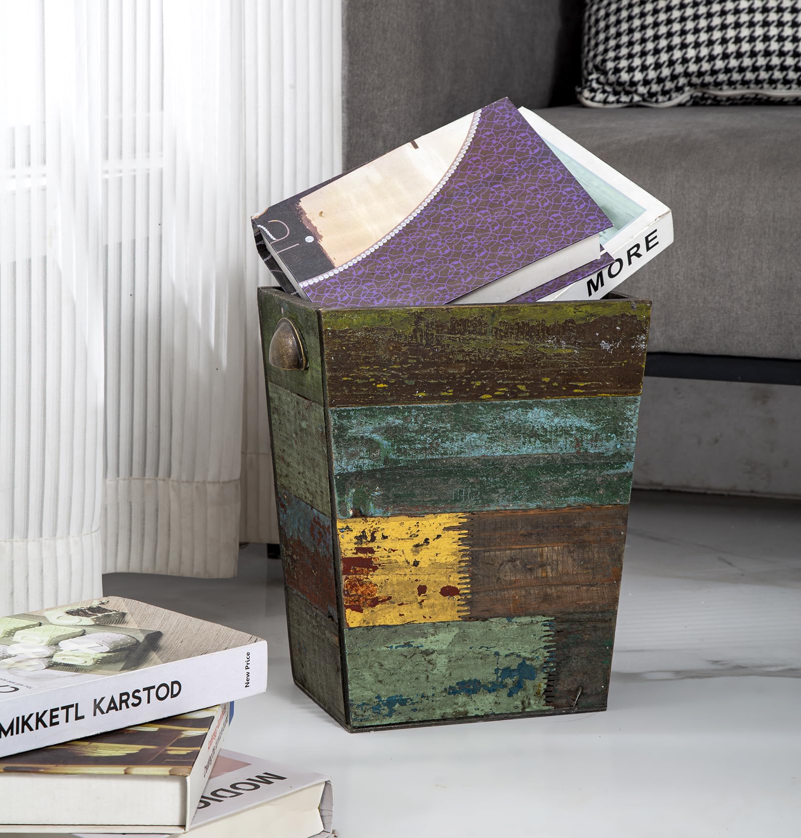 TIMRIS wooden trash can side view highlighting compact footprint for tight spaces