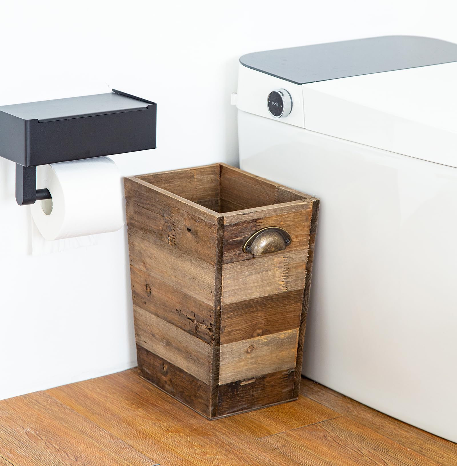 TIMRIS vintage wood trash bin closeup showing unique grain