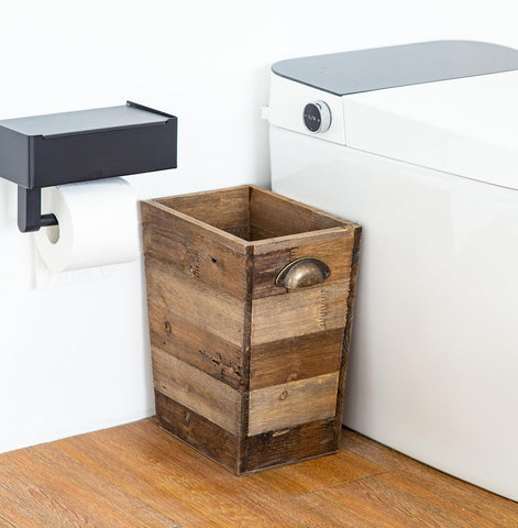 TIMRIS vintage wood trash bin closeup showing unique grain