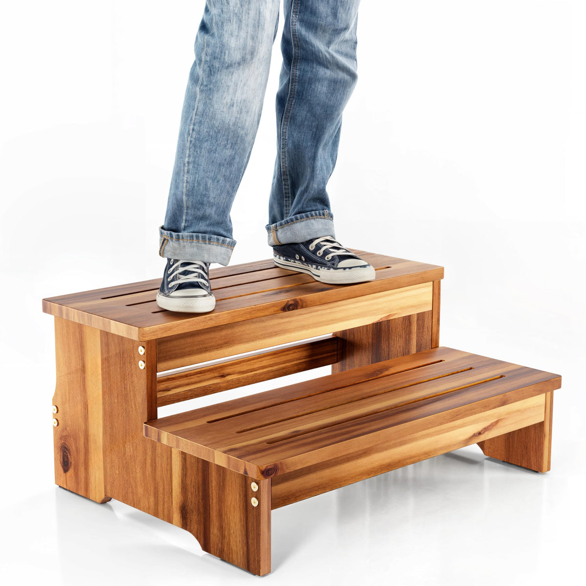 Tinamo 25-inch acacia step stool, front view, sturdy reach for high surfaces.