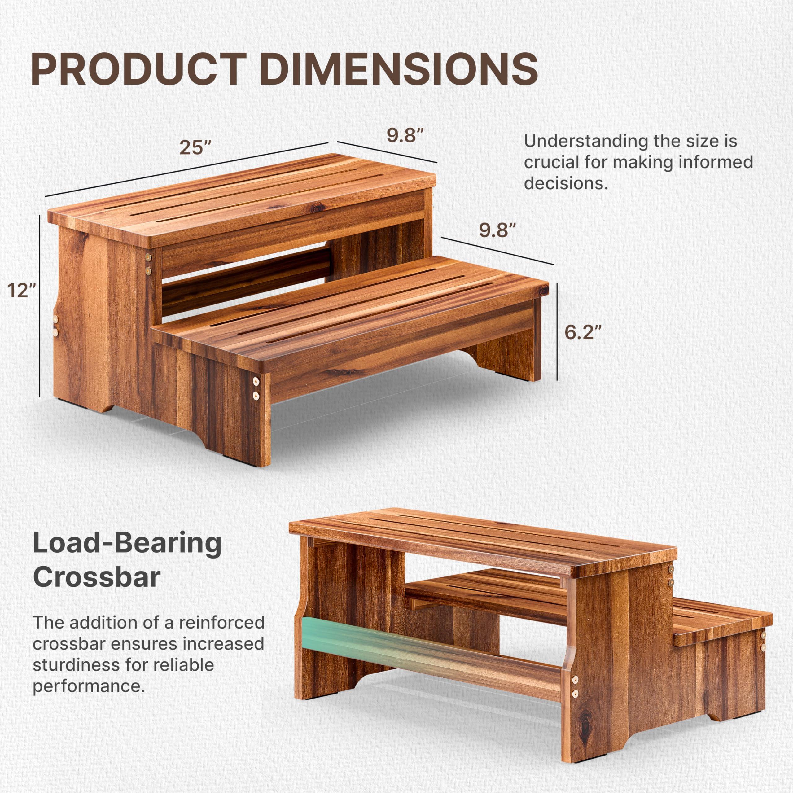 Tinamo acacia wood step stool, side view, portable helper for beds and kitchens.