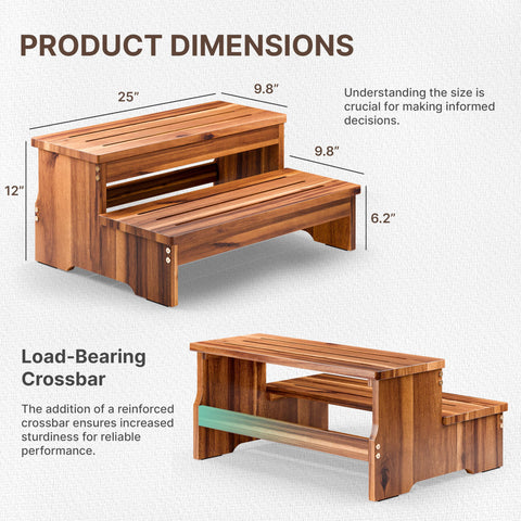 Tinamo acacia wood step stool, side view, portable helper for beds and kitchens.