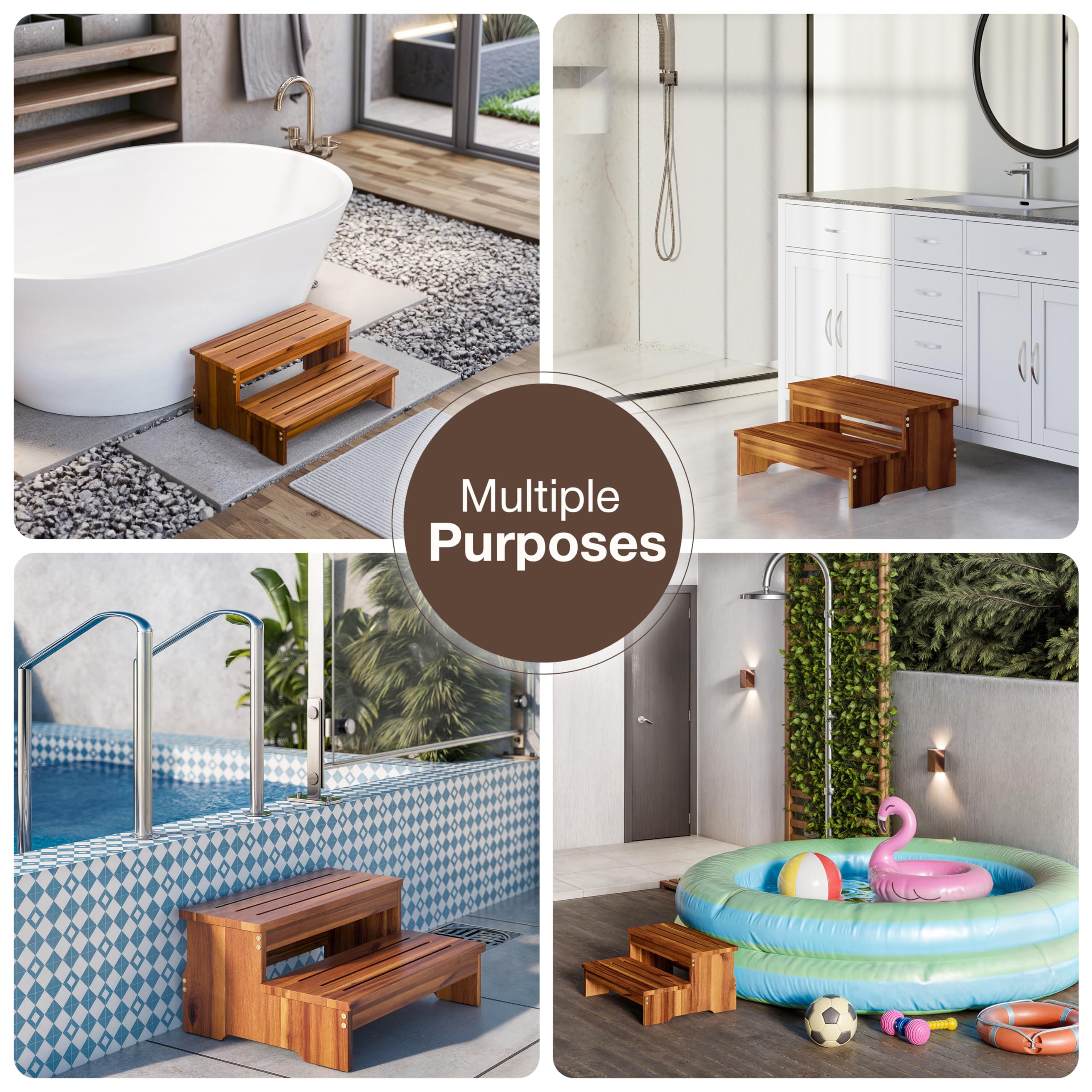 Tinamo acacia wood spa hot tub stairs, designed for easy entry near water.