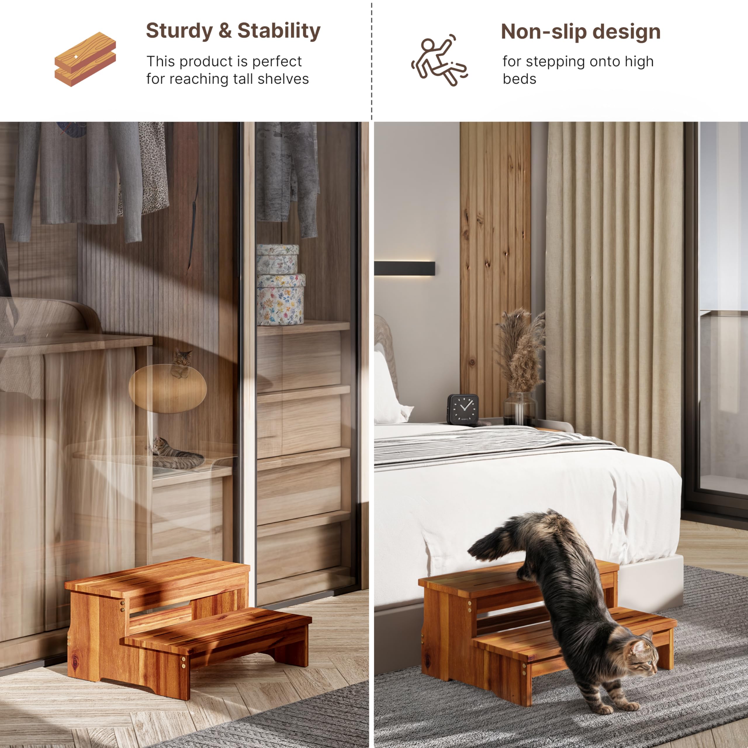 Tinamo acacia wood step-stool, bed access, ideal for getting in and out safely.
