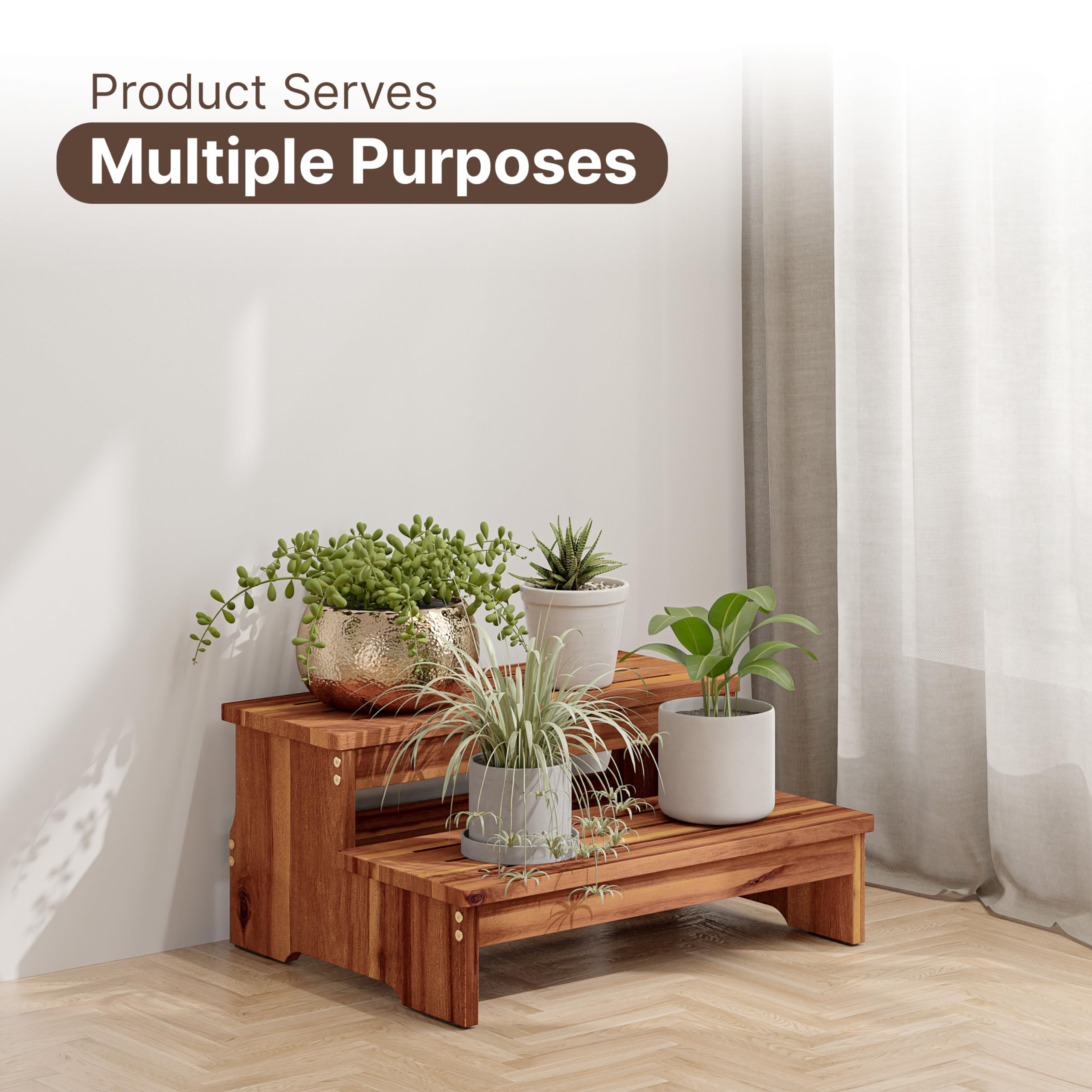 Tinamo wooden step stool, versatile use in kitchen and bathroom spaces.