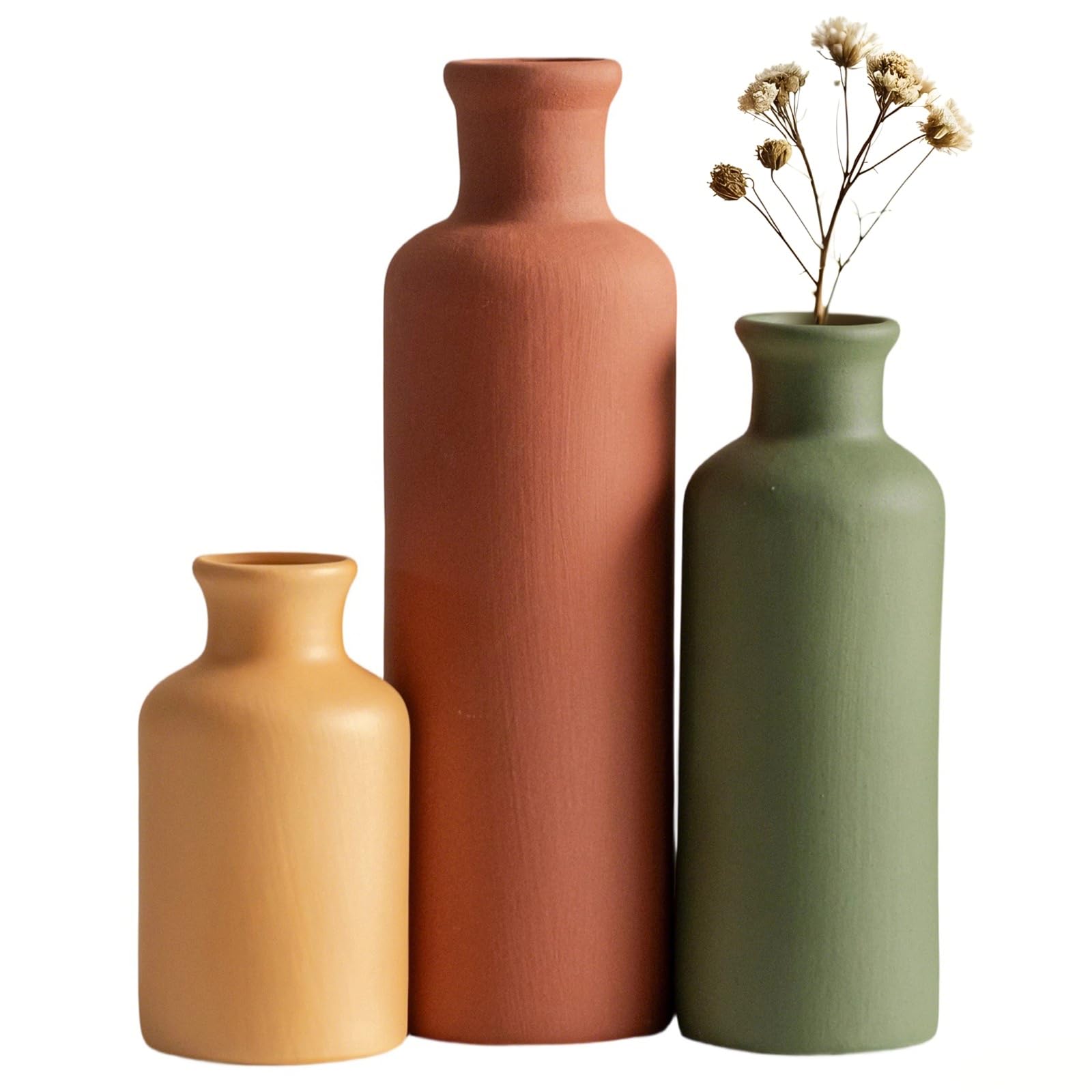 TINCTOTNIC Modern Ceramic Vase Set of 3 in green mix front view, ideal for minimalist decor.