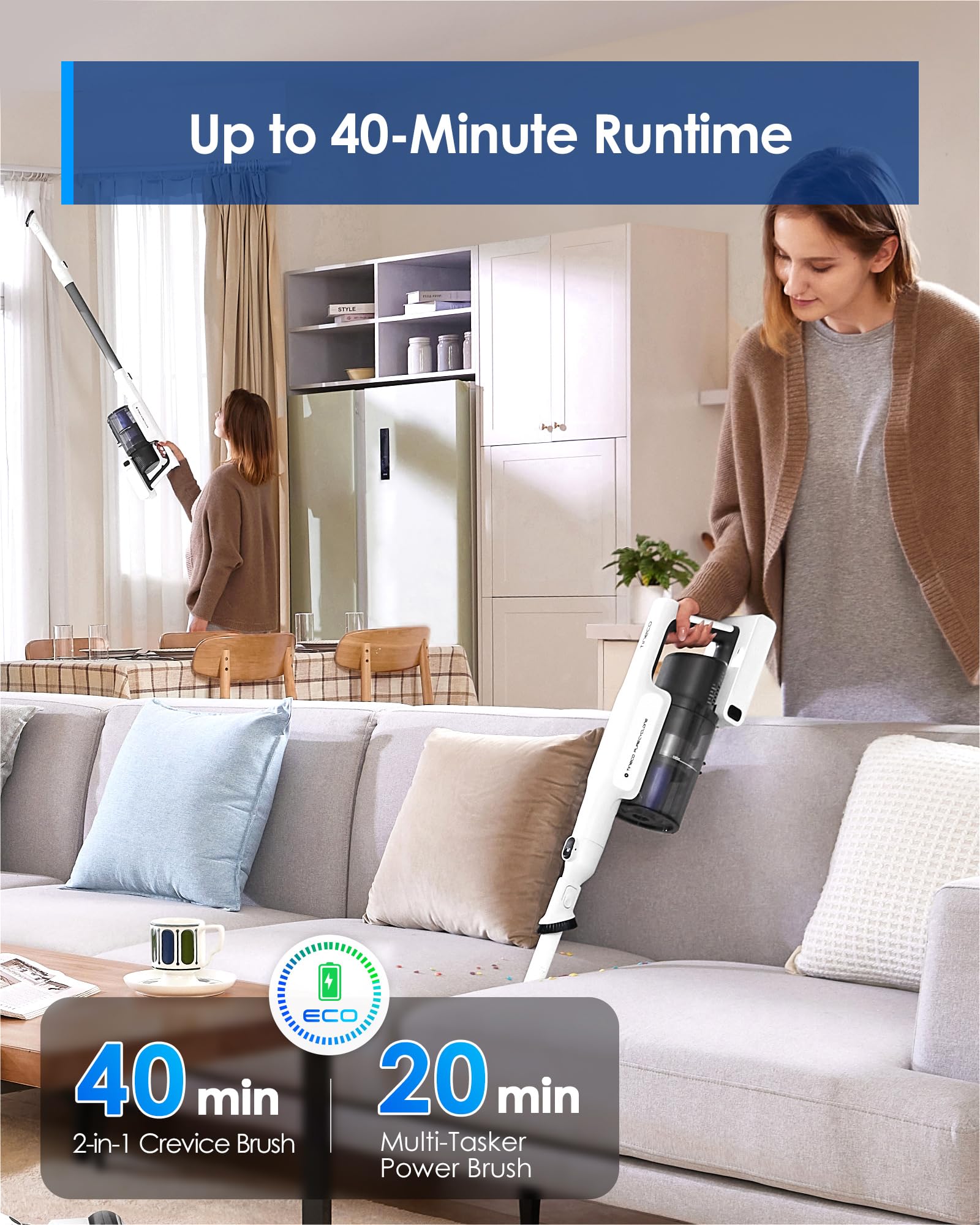 Tineco A20 ergonomic dual-handle design supports comfortable cleaning angles.