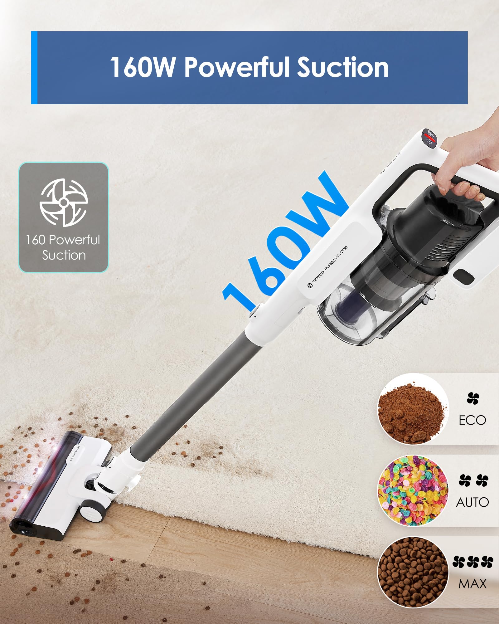 Tineco A30S with 160W suction tackles dust and pet hair on surfaces.