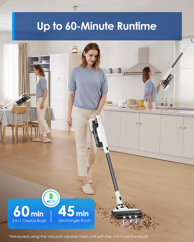 Tineco A30S user holding vacuum shows up to 60 minutes of runtime.