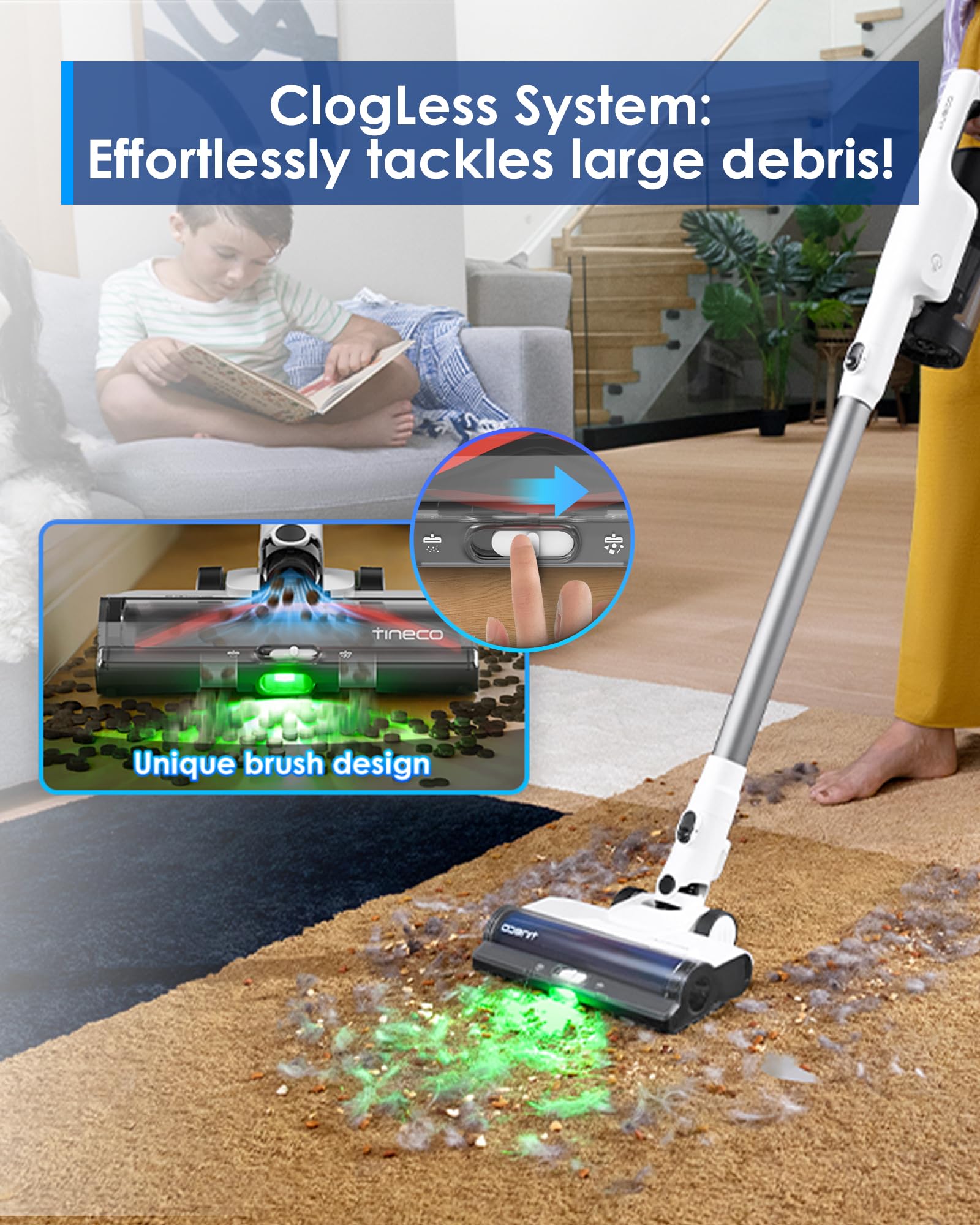 Tineco Pure One Station 5 clogless brush head reduces jams with large debris