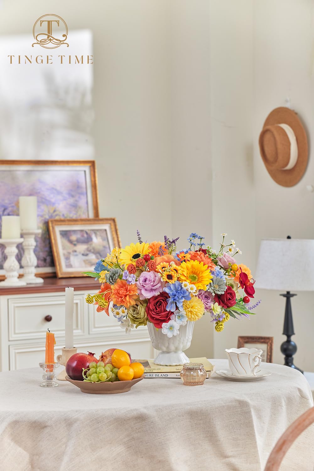 TINGE TIME daisy and hydrangea combo brightens shelves or walls
