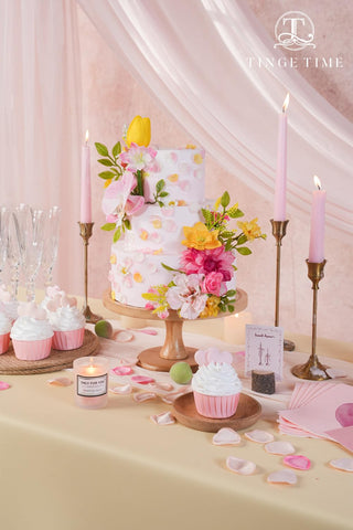 TINGE TIME foam roses and dahlia set adds realistic blooms for table decor.