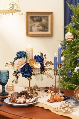 TINGE TIME peach blossom roses brighten centerpieces with warm tones.