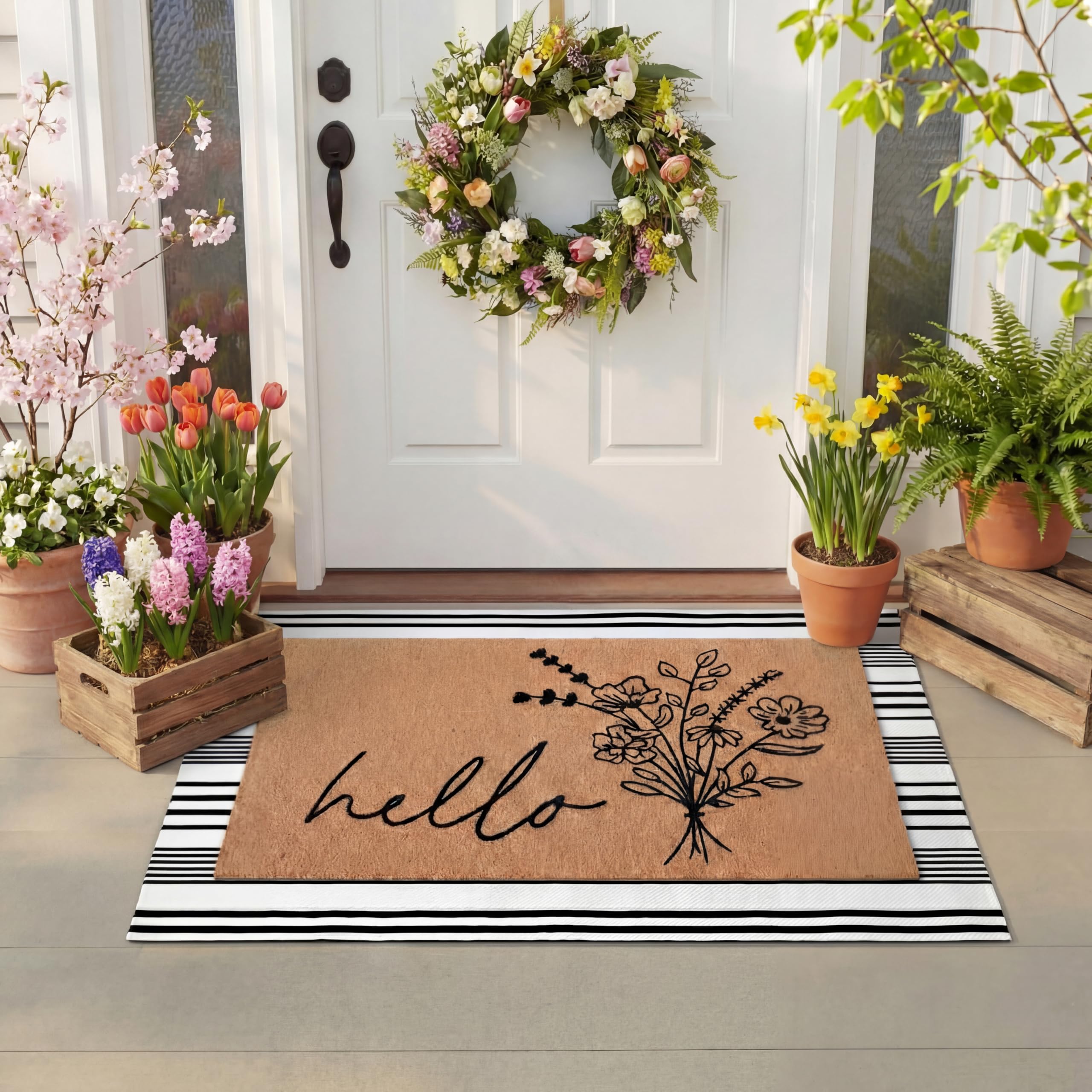 Tinideya Wildflower striped rug on front porch to boost curb appeal