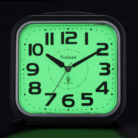 Tinload alarm clock with glow dial for nighttime visibility and quick wake