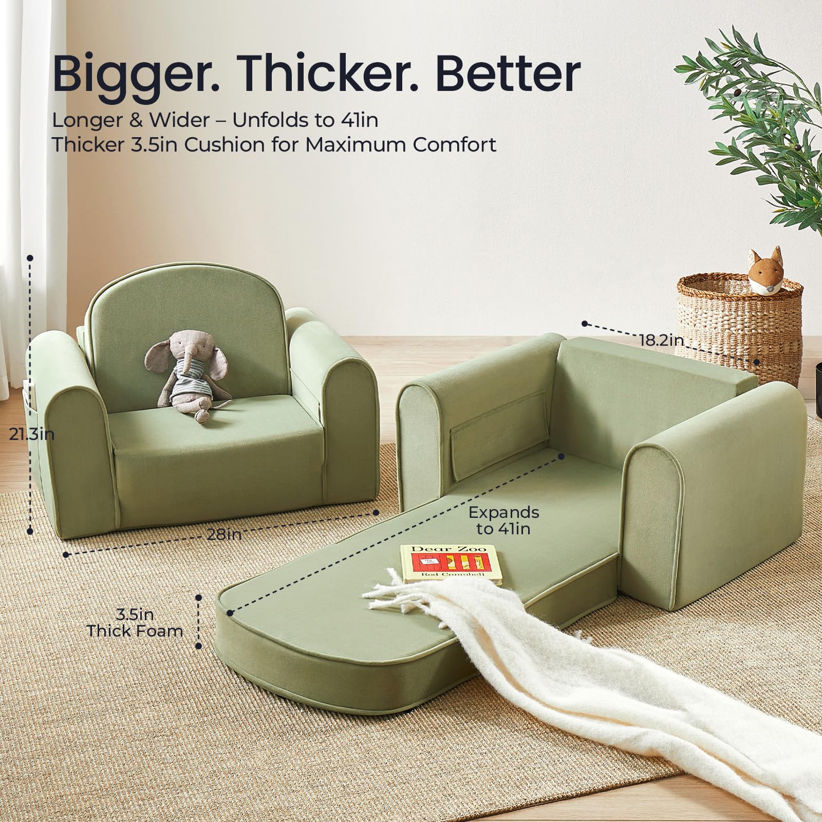 Tiny Land 2-in-1 foldable kids sofa green folds flat for easy storage
