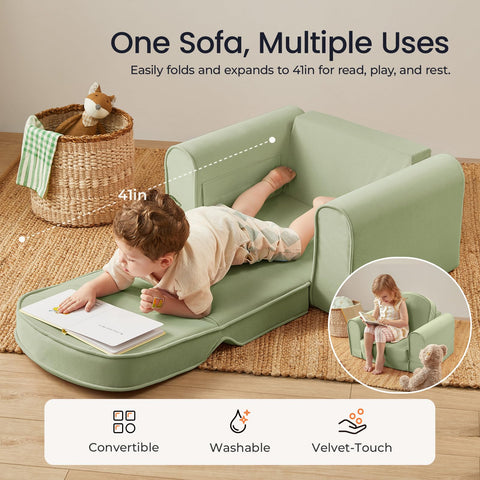 Tiny Land 2-in-1 foldable kids sofa green side pocket stores toys