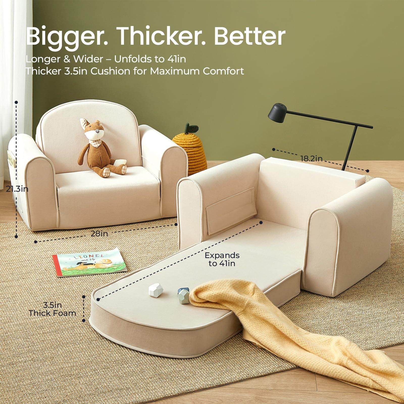 Tiny Land 2-in-1 foldable sofa beige armrest detail, durable design for active kids.
