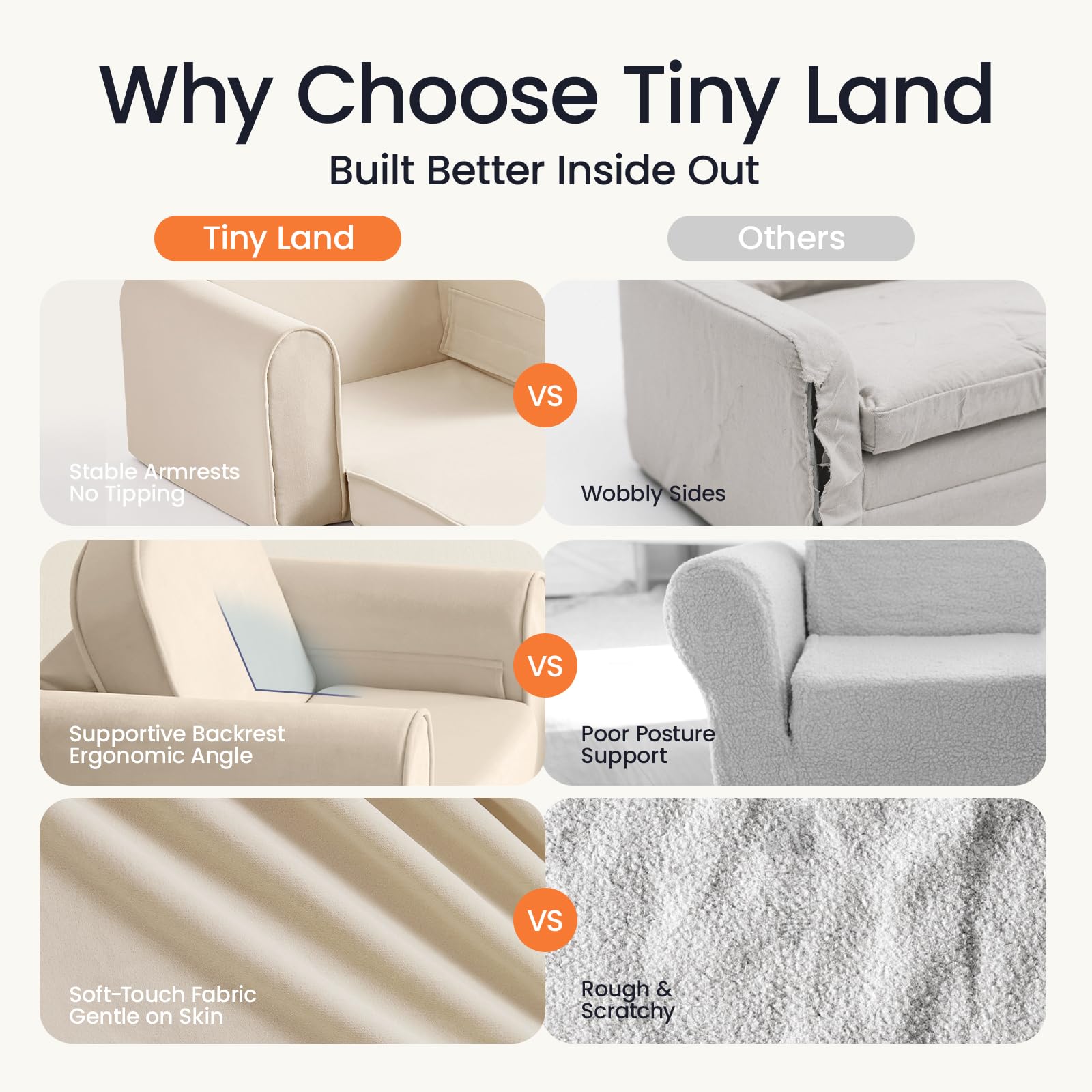 Tiny Land 2-in-1 foldable sofa beige folded compact, easy to store after play.