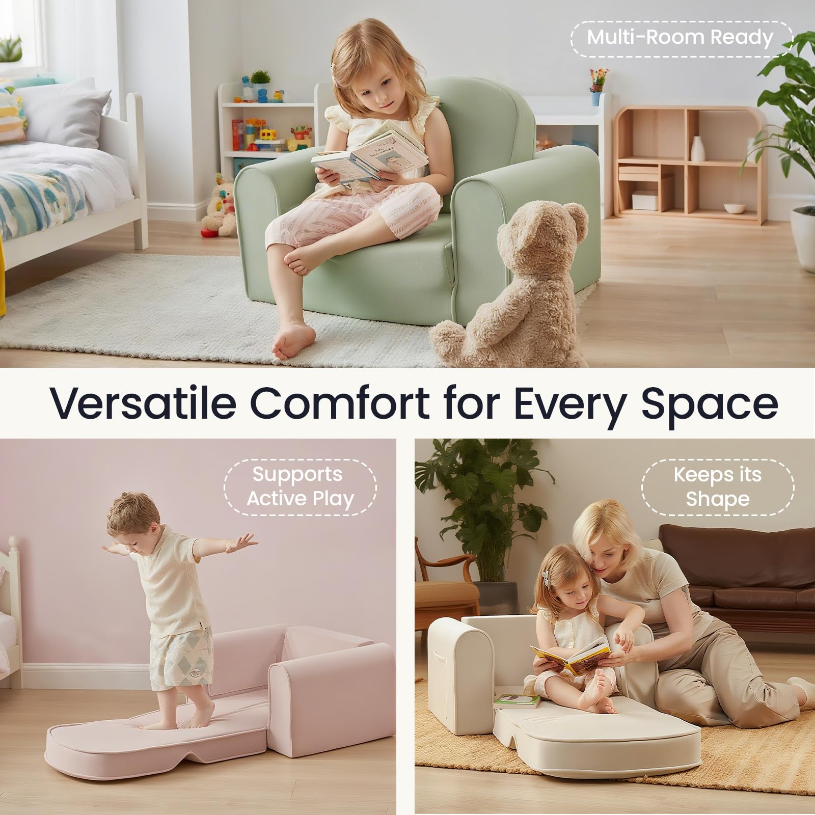 Tiny Land 2-in-1 foldable sofa beige portable handle, easy to move between rooms.