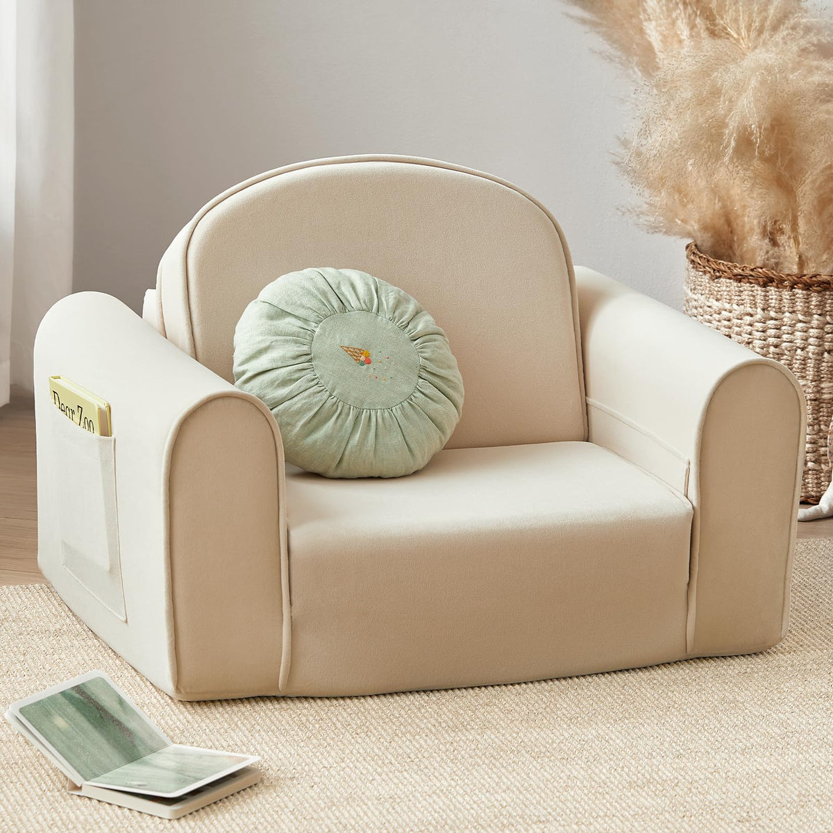 Tiny Land 2-in-1 foldable sofa beige side view, space-saving seating for playtime.