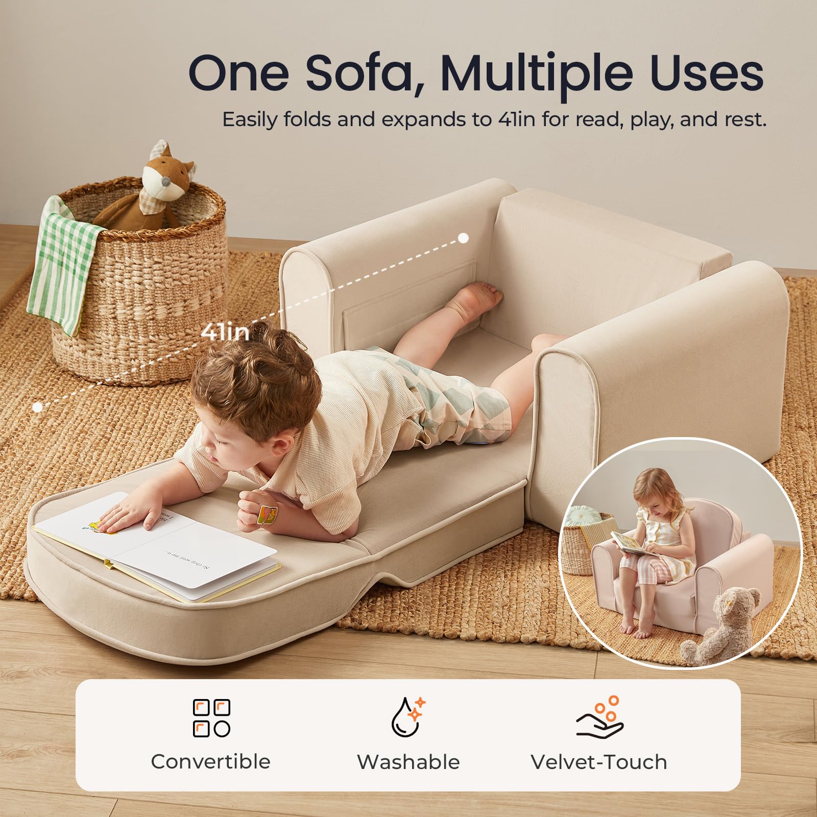 Tiny Land 2-in-1 foldable sofa beige unfolded lounge, cozy reading moment for kids.