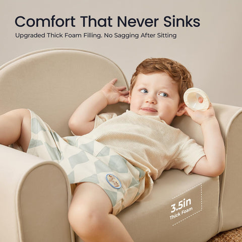 Tiny Land 2-in-1 foldable sofa beige with storage pocket, quick toy organization nearby.