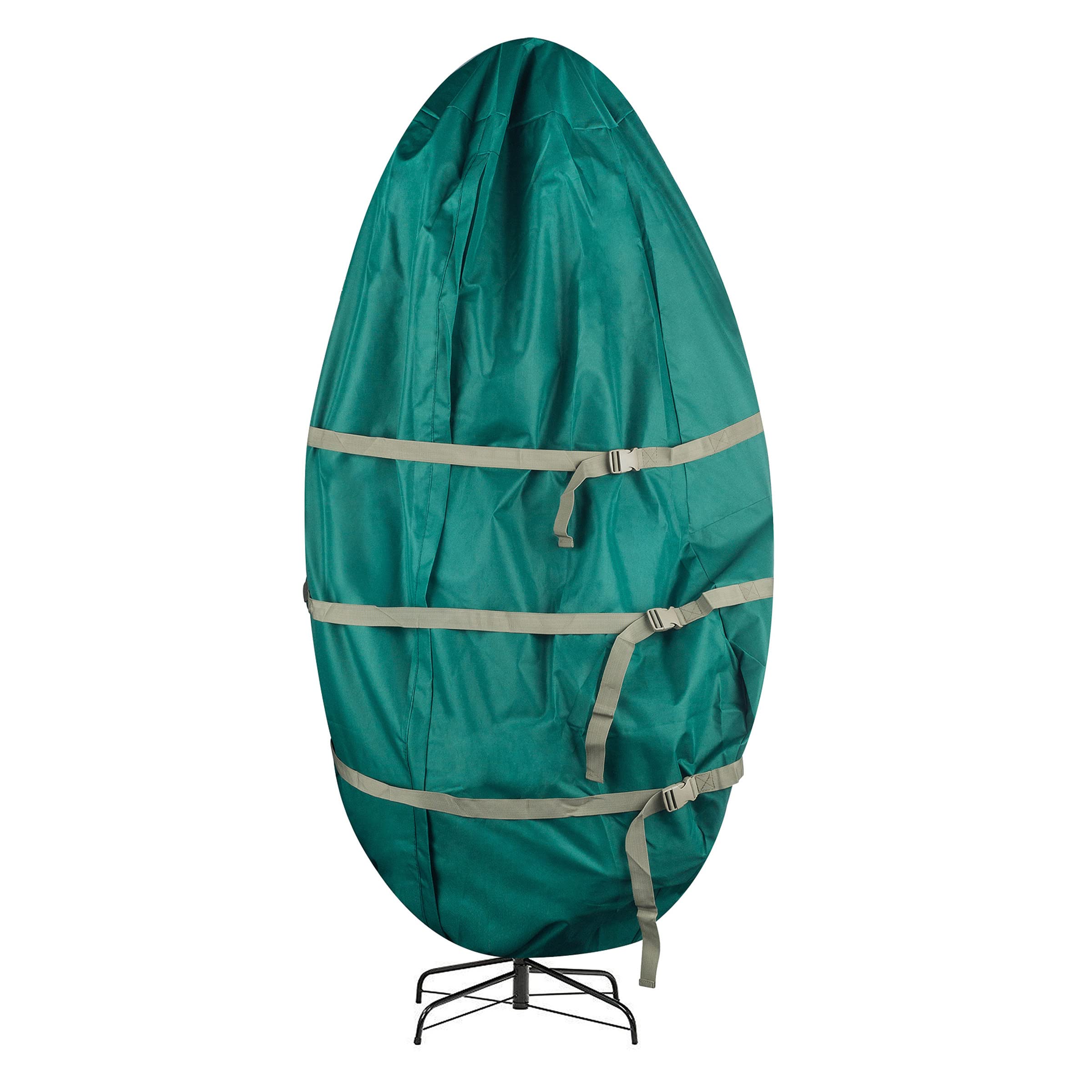 Tiny Tim Totes upright Christmas tree bag in green protecting a tall tree for storage