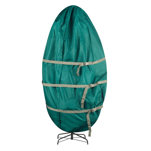 Tiny Tim Totes upright Christmas tree bag in green protecting a tall tree for storage
