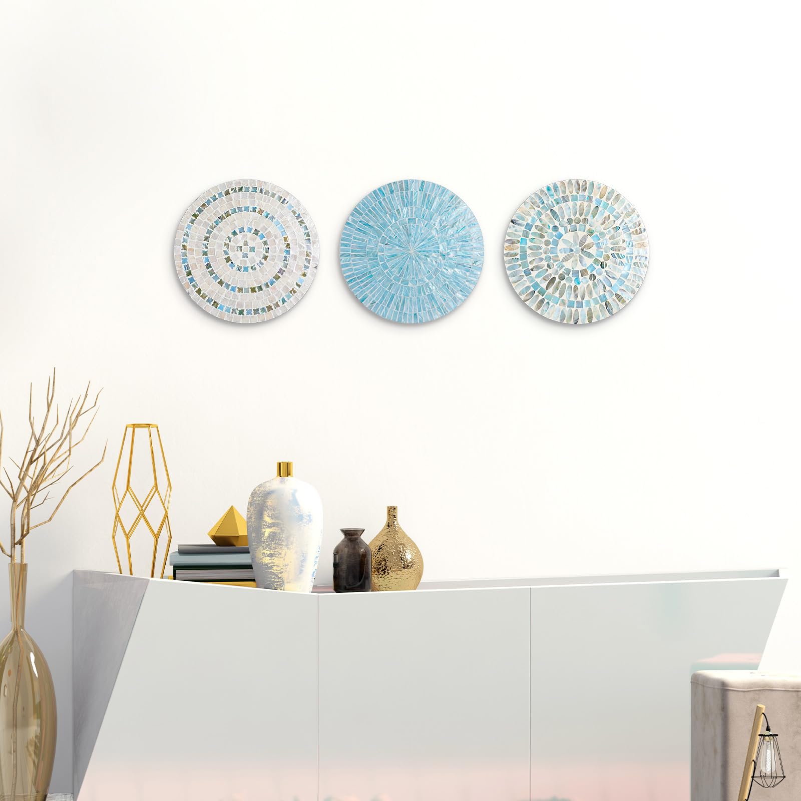 Tioncy blue mother-of-pearl plates elevate bathrooms and entryways
