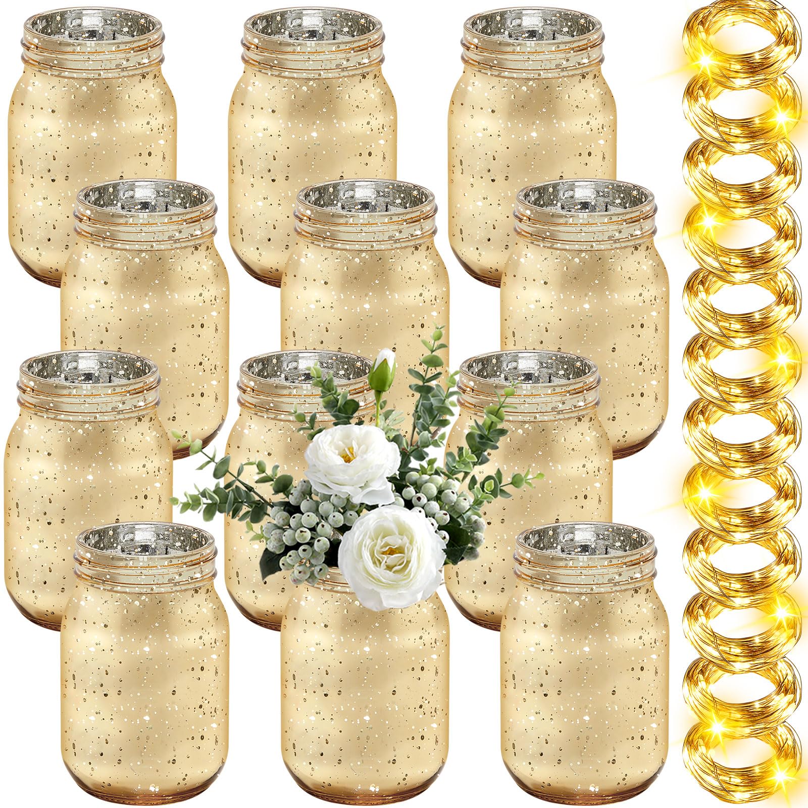 Tioncy painted mason jar with gold lights for a sparkling table centerpiece.