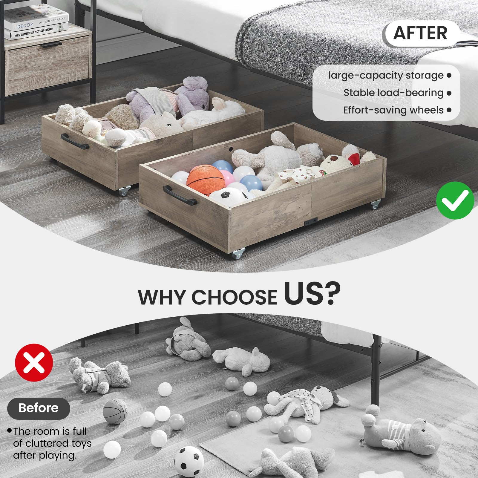 Floor-safe wheels on the TIOPGHAD under-bed storage in use.