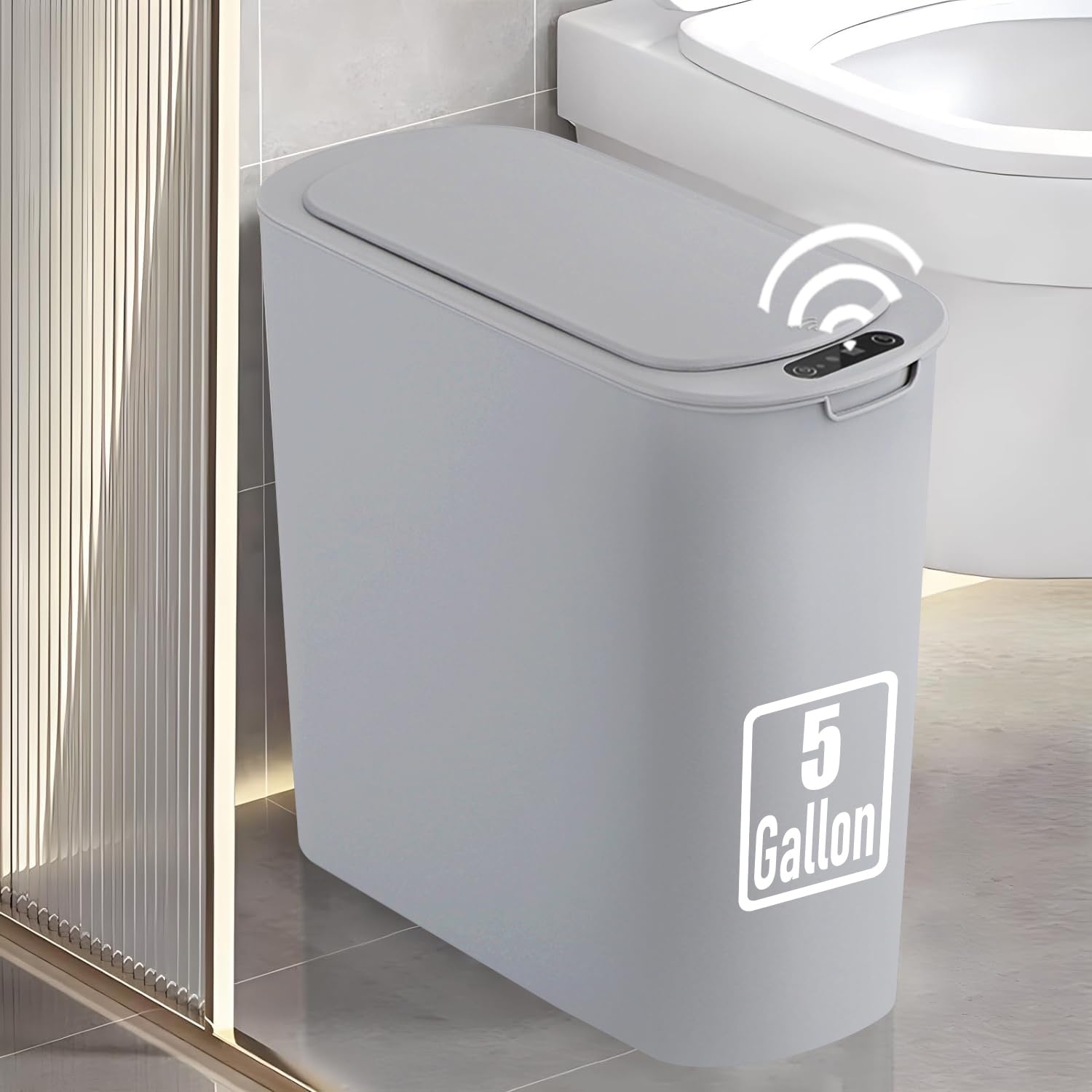 TIPGO 5-Gallon motion sensor trash can with the lid open for hands-free use.