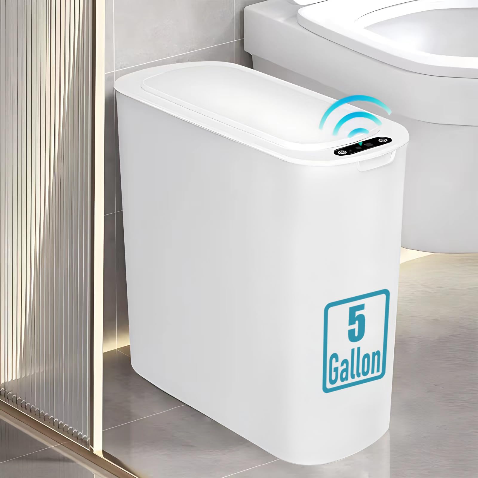 TIPGO 5-gallon motion sensor trash can front view with slim footprint for tight spaces