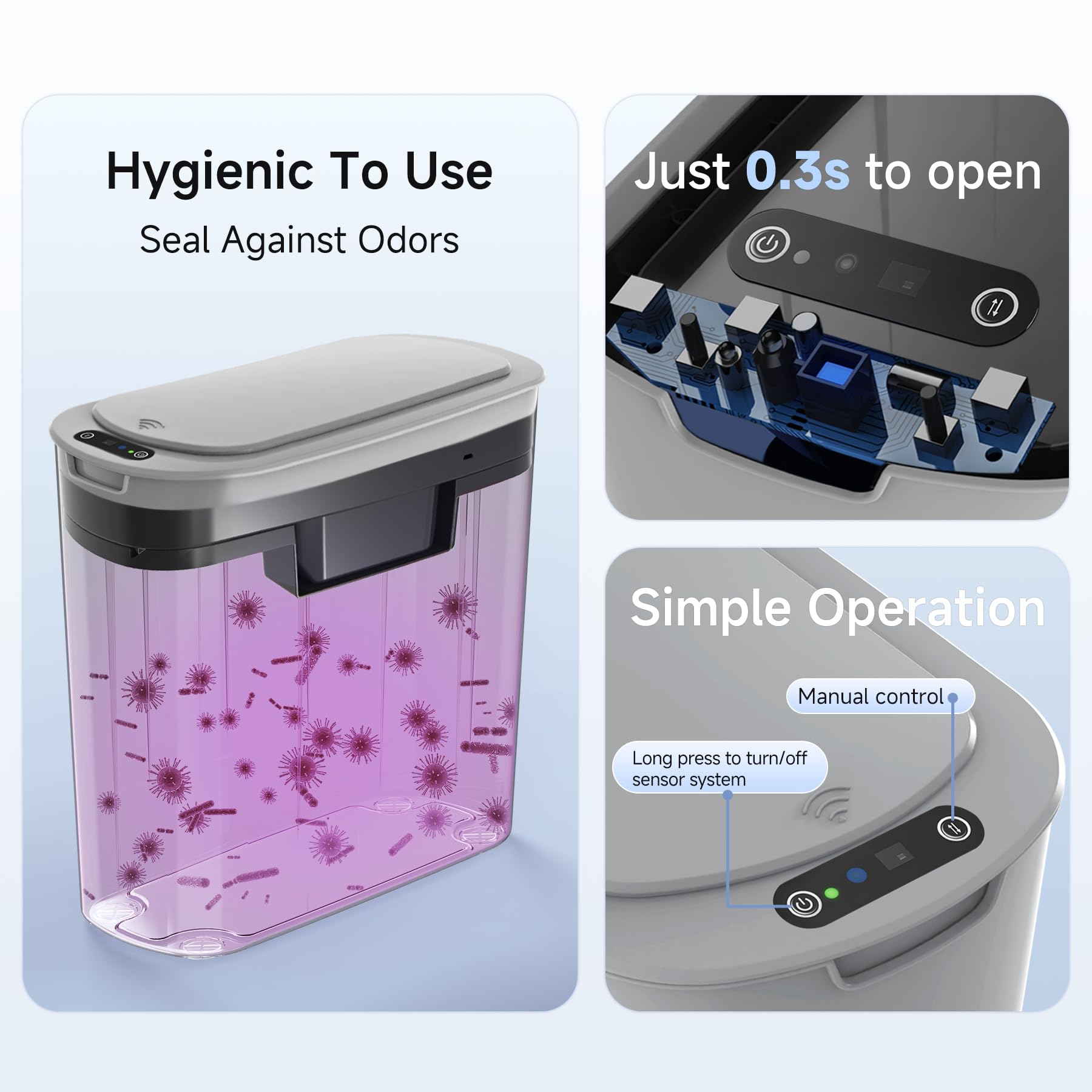 TIPGO automatic lid close with motion sensor reduces mess.