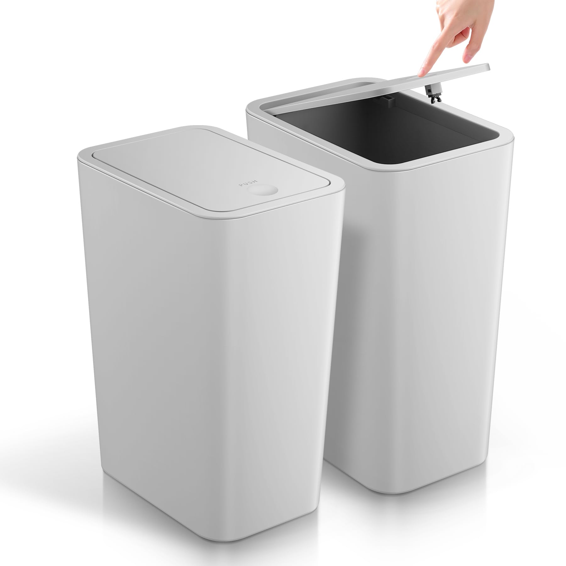 TIPGO bathroom trash can with press-top lid in grey for easy waste disposal.