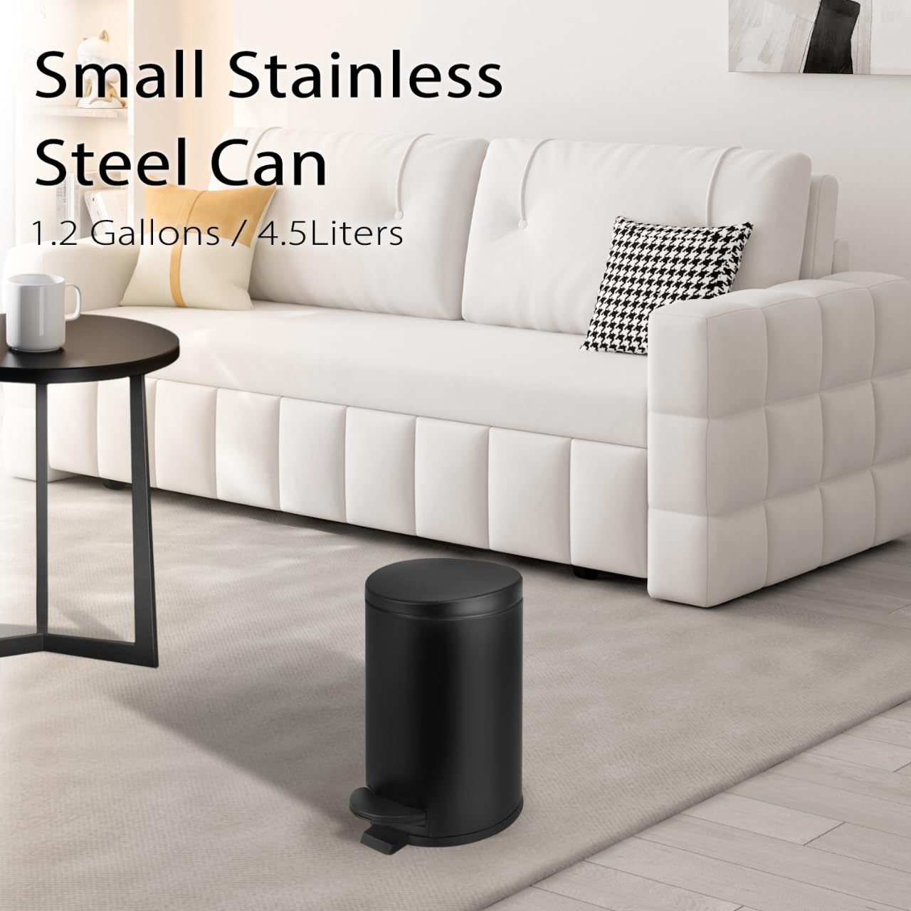 TIPGO compact matte black trash bin fits bathrooms, bedrooms, and offices.