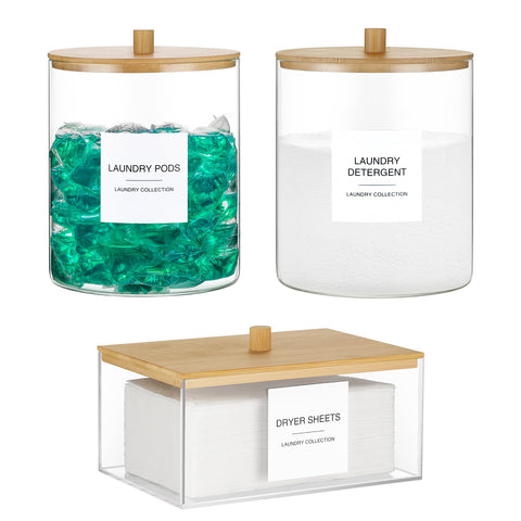 TIPGO glass bottles with bamboo lid for organized laundry storage.