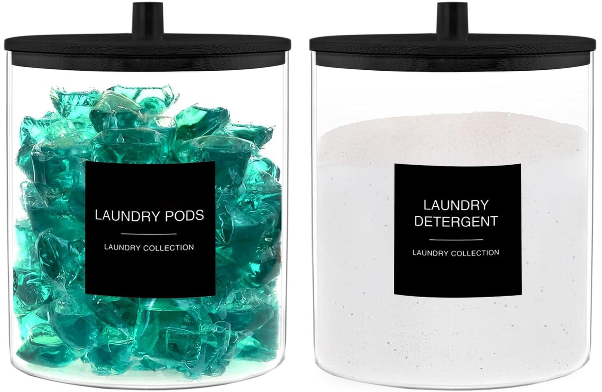 TIPGO glass jar for laundry setup shows organized shelf and easy pod access