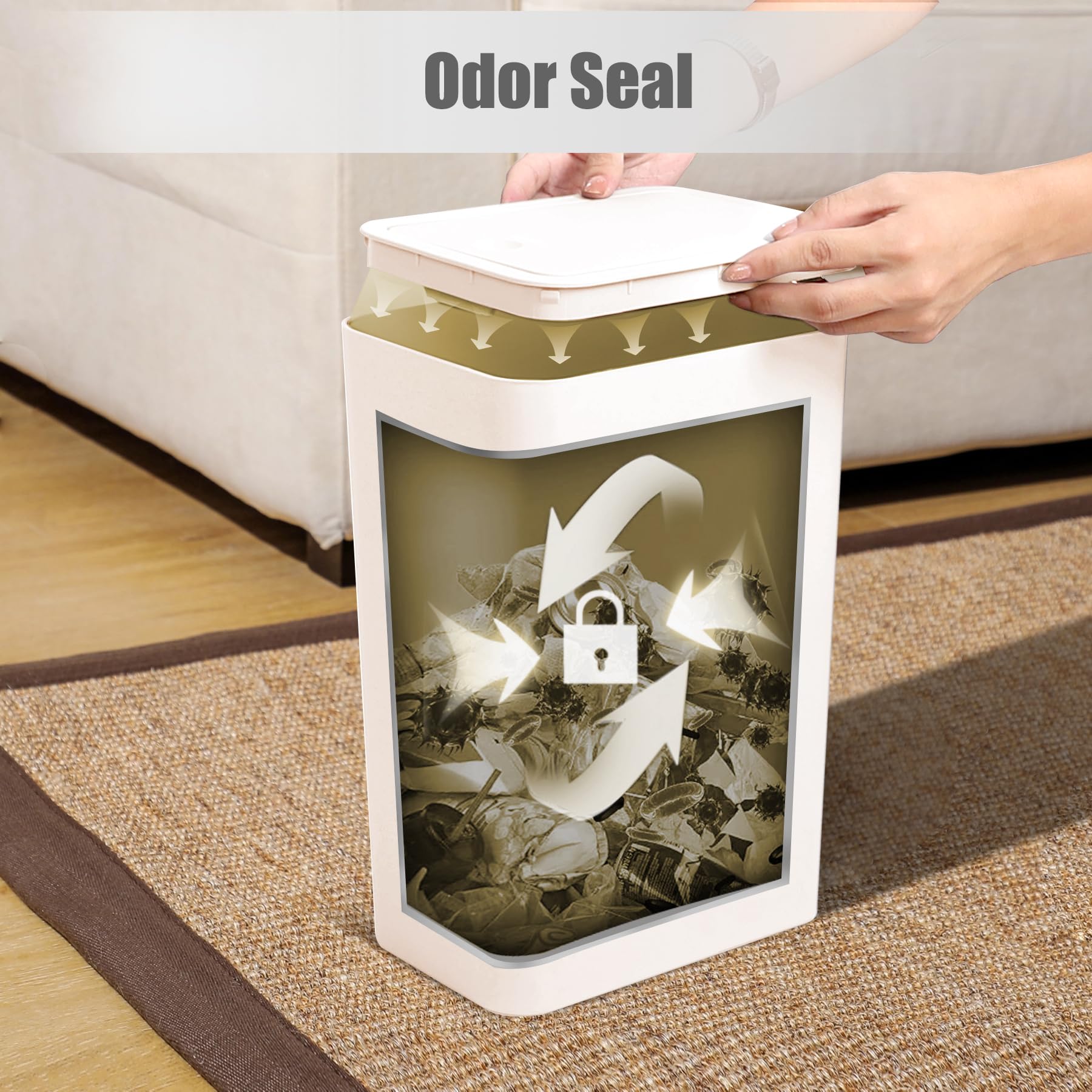TIPGO lightweight plastic trash bin highlights easy cleaning and quick bag changes.