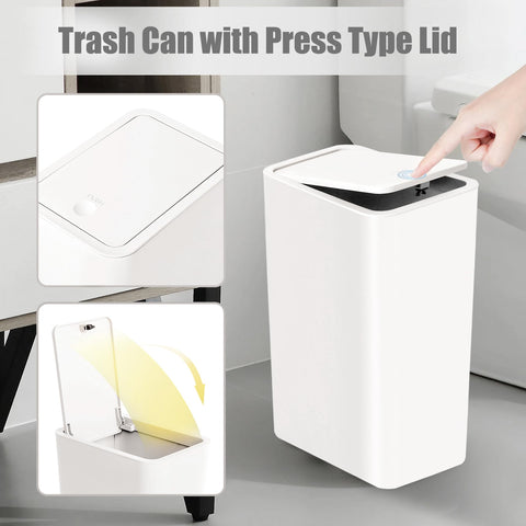 TIPGO trash bin with pop-up lid shown in a clean, modern kitchen setup.