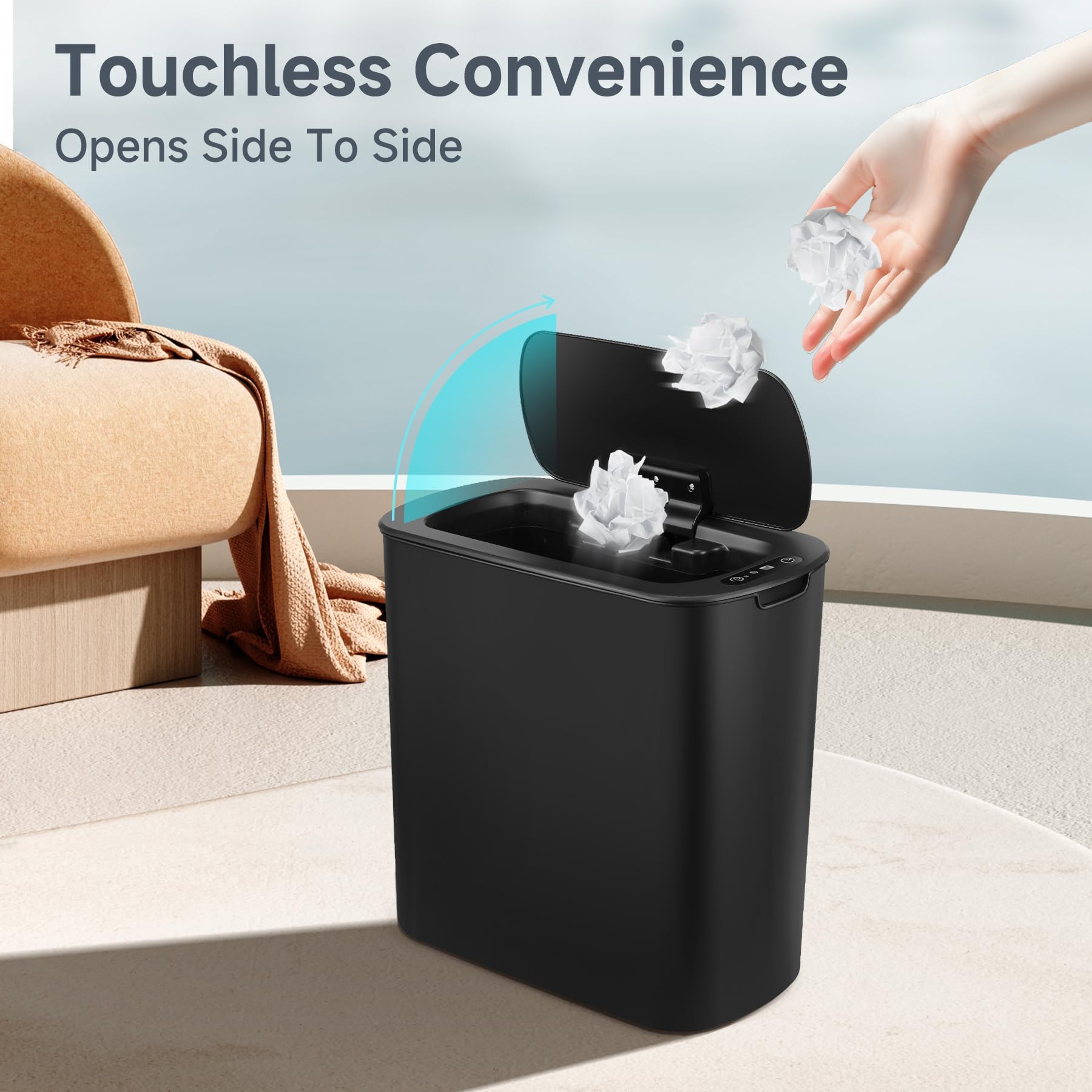 Slim TIPGO trash bin in a narrow corner for small spaces