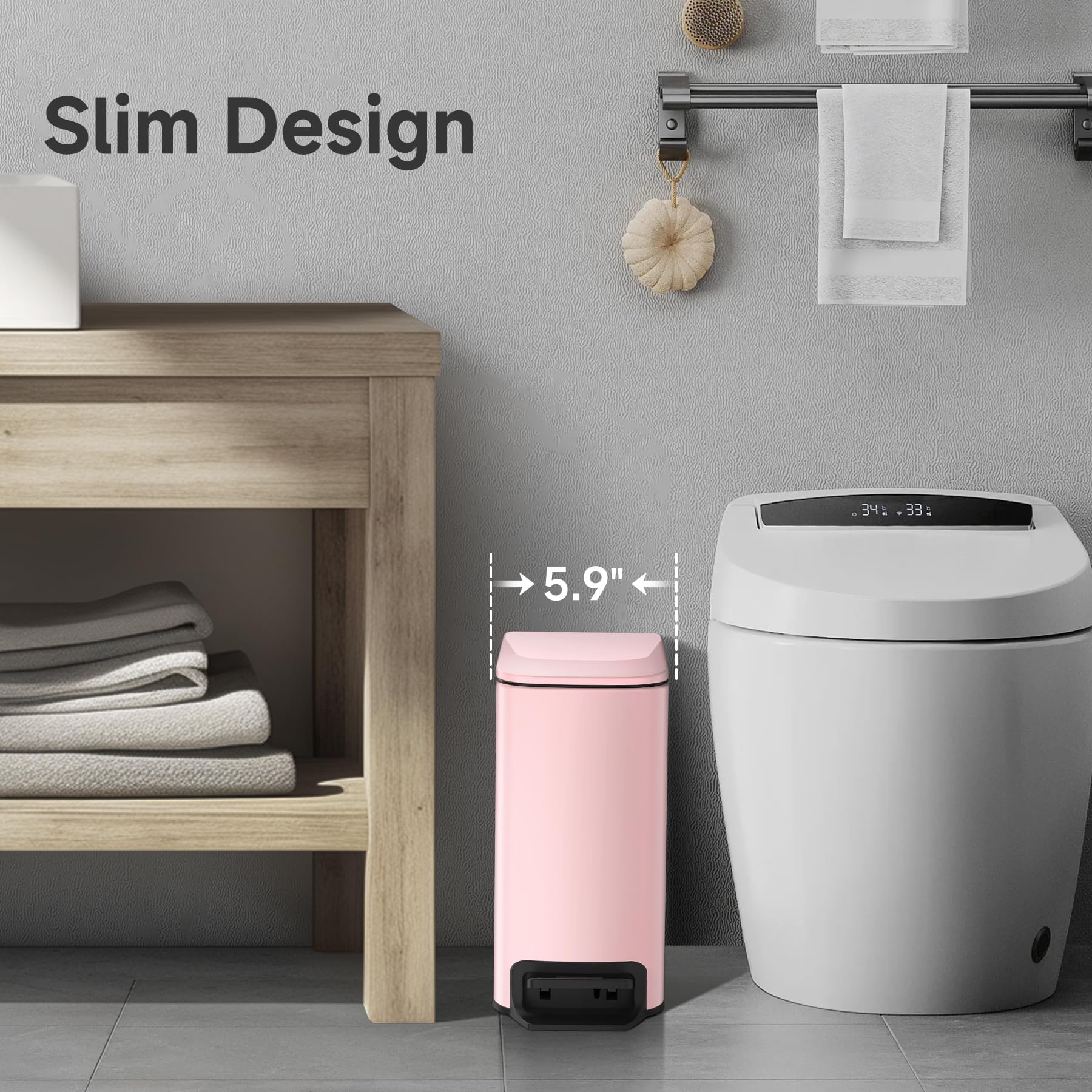 TIPGO Slim Trash Can 6L capacity in stainless steel for compact bathrooms