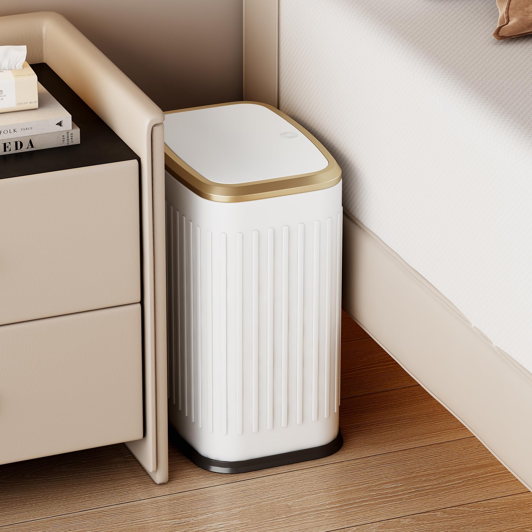 Slim TIPGO wastebasket tucked behind a toilet saving space